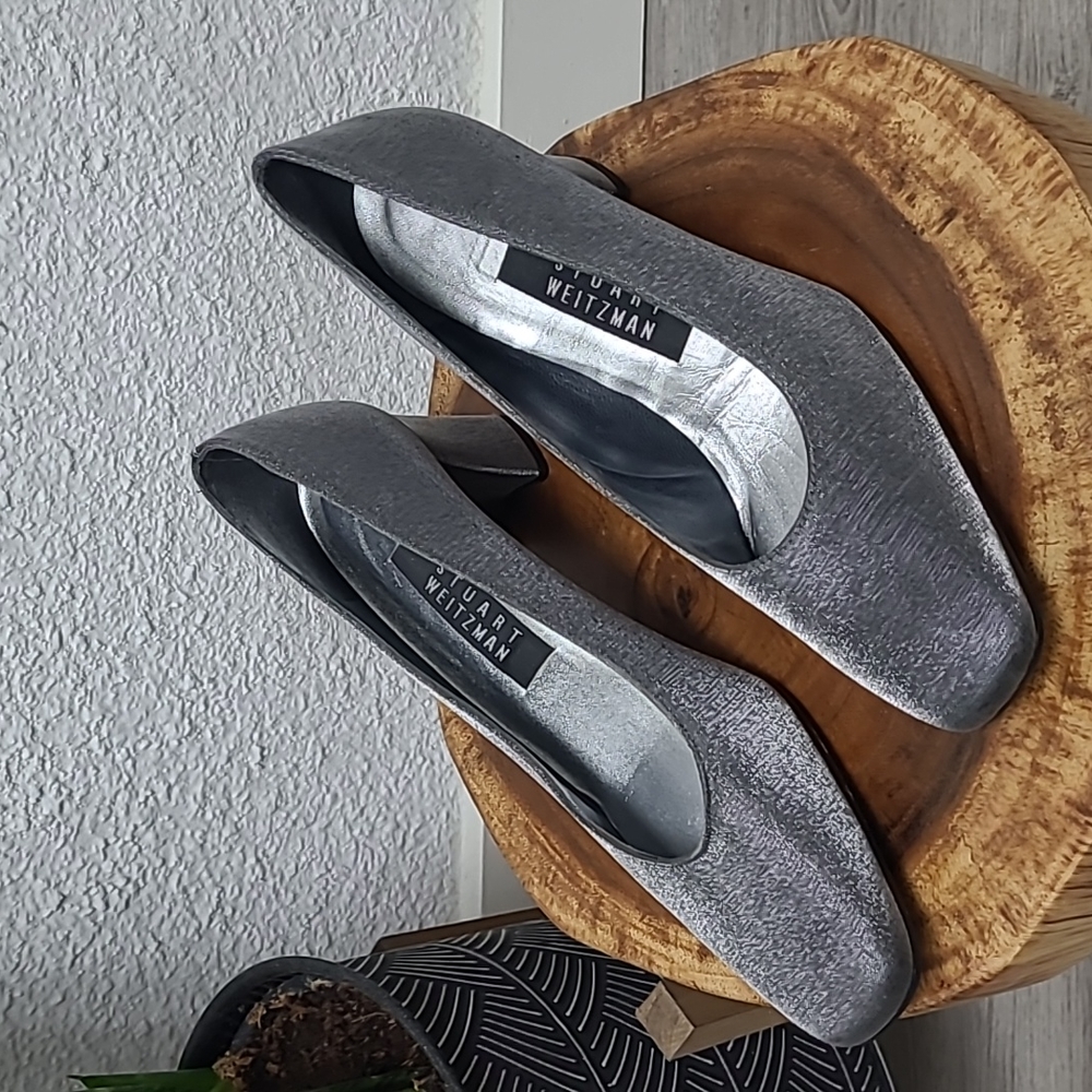 Vintage 90s Stuart Weitzman Silver Metalic Block Heel; Size 7.5B